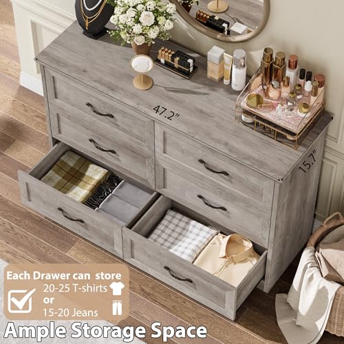 Farmhouse Wood 47.2" Wide 6 Drawer Dresser for Bedroom, Grey, view 5