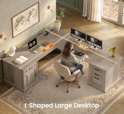 69" L Shaped Desk with Drawers and Storage, view 6