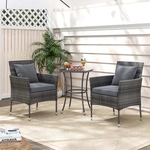 3 Pieces Patio Furniture Set, PE Rattan Outdoor Conversation Set with Tempered Glass Table & Soft Cushions, Wicker Bistro Set for Garden, Porch, Balcony (Grey)