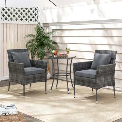3 Pieces Patio Furniture Set, PE Rattan Outdoor Conversation Set with Tempered Glass Table & Soft Cushions, Wicker Bistro Set for Garden, Porch, Balcony (Grey)