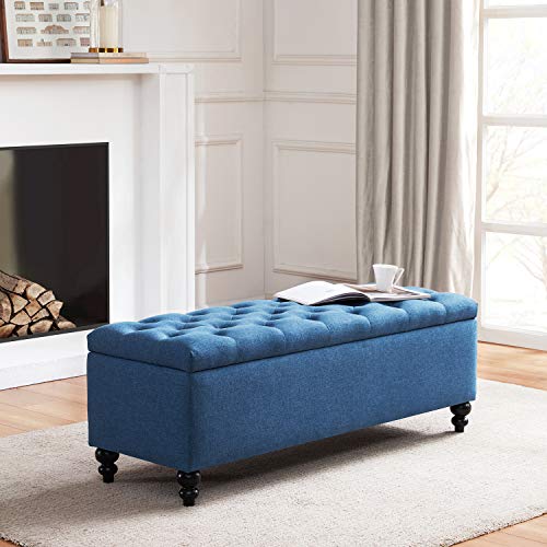 Button-Tufted Ottoman with Storage in Upholstered Fabrics, Large Storage Bench for Bedroom, Living Room, Entryway, Bench with Safety Hinge Hold Up to 300lbs (Blue)