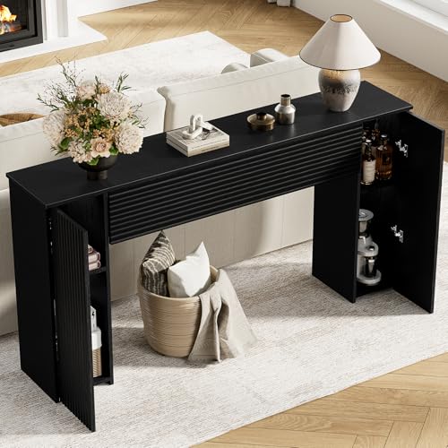 61” Fluted Long Console Table with 2 Hidden Storage Cabinets, Black | Wooden Rectangular Sofa Table, Behind the Couch, Narrow Entryway Table for Entrance, Hallway, Living Room, Foyer