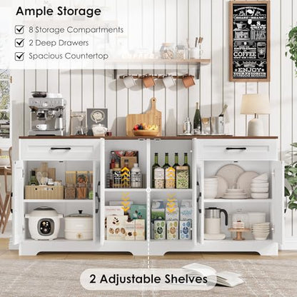 71” Large Sideboard Buffet Cabinet with Storage, Farmhouse Kitchen Buffet Cabinet with Adjustable Shelves and 6 Barn Doors, Wood Coffee Wine Bar Console Table for Kitchen, Dining Room, White
