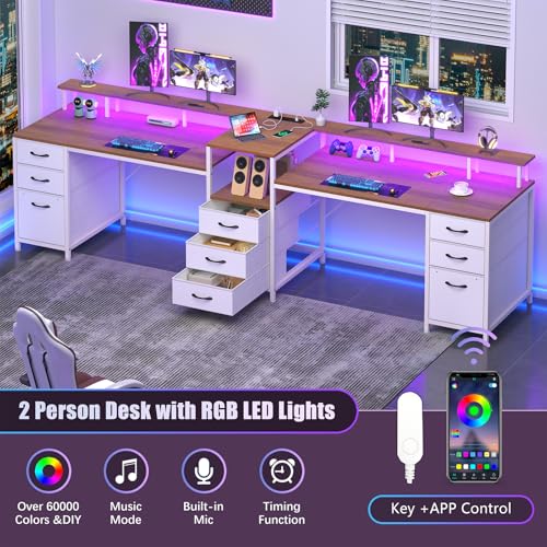 98.4" Long Computer Desk with 9 Drawers, 2 Person Gaming Desk with LED Lights & Power Outlet, Two Person Home Office Desk with Storage, Printer Shelf ＆ Monitor Stand, Brown and White