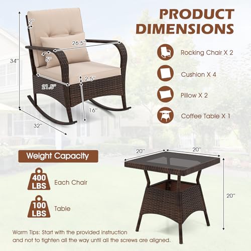 3 Pieces Patio Furniture Set, Outdoor Wicker Rocking Chairs with Cushions, Pillows, Glass Coffee Table, Rattan Bistro Rocker Set for Balcony Front Porch Poolside Garden Deck Yard (Beige)