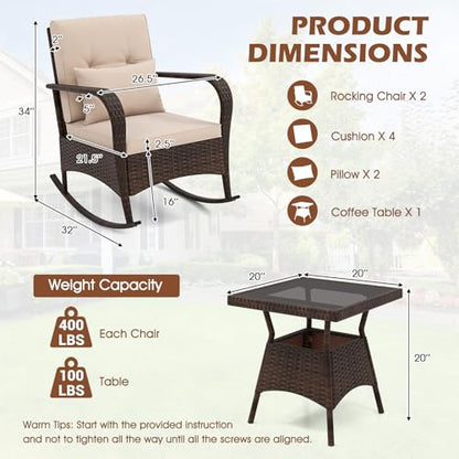 3 Pieces Patio Furniture Set, Outdoor Wicker Rocking Chairs with Cushions, Pillows, Glass Coffee Table, Rattan Bistro Rocker Set for Balcony Front Porch Poolside Garden Deck Yard (Beige)