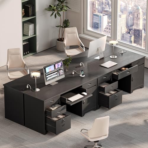 59” Office Desk with Lockable Drawers & Charging Station, Black, view 7