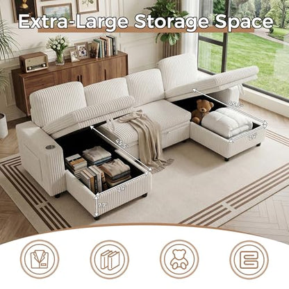 Modular Sectional Sleeper Sofa with Pull Out Bed, Plush Corduroy U Shaped Couch with Storage Chaise, USB Ports, Cup Holders, Comfy Sectional Couches for Living Room, Beige
