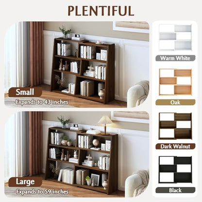 IOTXY Wooden Extendable Shelf Bookcase, 3-Tier Low Bookshelf, Walnut, L, view 6