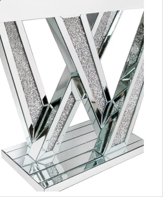 Silver Modern Console Table Mirrored, Glass Sofa Table Inlay with Crushed Crystals, 35-Inch Entryway Table with W-Shaped Base, Rectangular Accent Foyer Table for Living Room Hallway Entrance