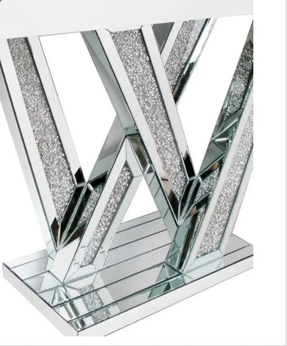 Silver Modern Console Table Mirrored, Glass Sofa Table Inlay with Crushed Crystals, 35-Inch Entryway Table with W-Shaped Base, Rectangular Accent Foyer Table for Living Room Hallway Entrance