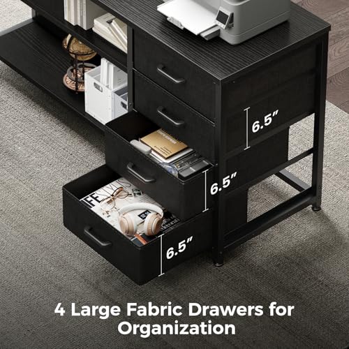 61" L Shaped Desk with Drawer, Computer Desk with Power Outlets & LED Lights, Reversible Corner Gaming Desk for Home Office Workstation, Office Desk with Monitor Shelf, Pure Black