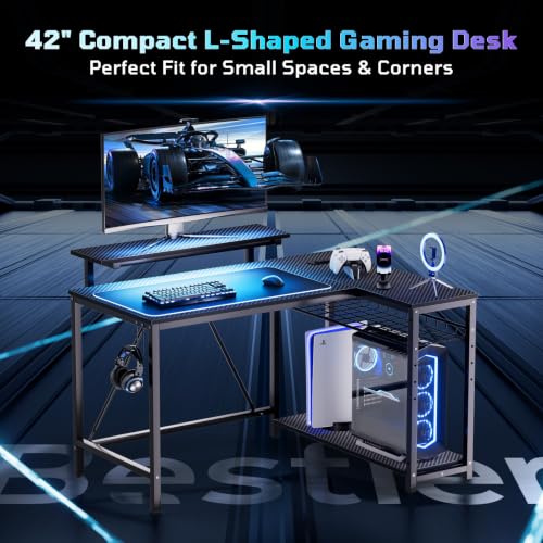 42-Inch L-Shaped Computer Desk with Charging & LED, Black, view 4