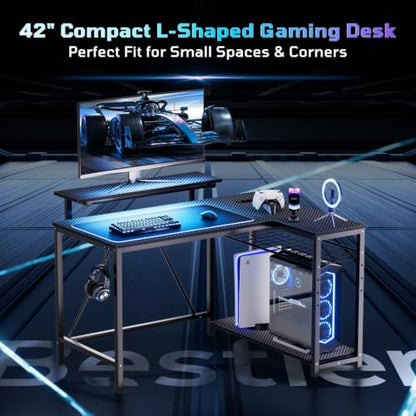 42-Inch L-Shaped Computer Desk with Charging & LED, Black, view 4