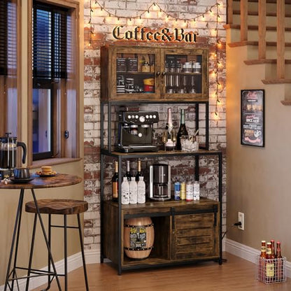 6-Tier Kitchen Bakers Rack with Power Outlet, Industrial Microwave Oven Stand with Shelves, Kitchen Utility Storage Shelf with Cabinet, Standing Storage Rack (Rustic Brown)