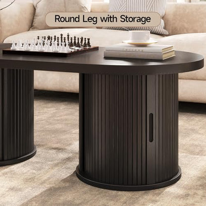 47" Fluted Coffee Table, Oval Coffee Table with 2 Storage Legs | Mid-Century Modern Center Tables with Sliding Doors, Coffee Tables for Living Room, Black