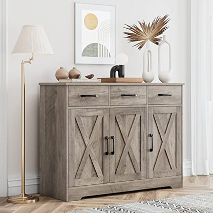 Modern Farmhouse Buffet Sideboard Cabinet, Barn Doors Storage Cabinet with Drawers and Shelves, Wood Coffee Bar with Storage for Dining Room, Kitchen, Living Room, Ash Grey