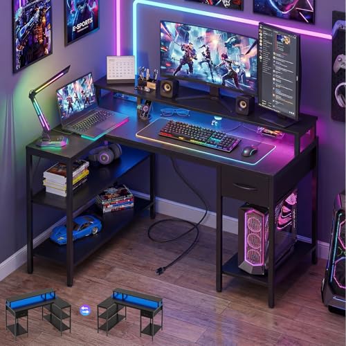 47 Inch L Shaped Gaming Desk, Corner Desks with Shelves, Black, view 2
