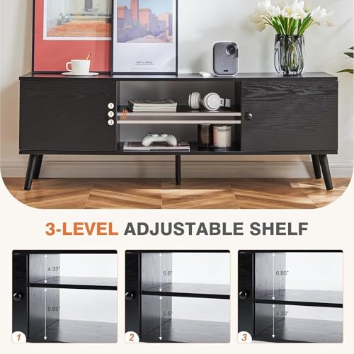 TV Stand for 55 60 inch TV, Modern Mid Century Entertainment Center with Storage Cabinet, Media Console Table for Living Room, Soft Hinge, Handle Door, Wooden Office Furniture, Tank