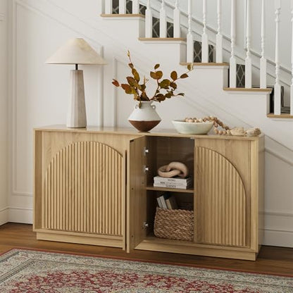 Fluted Sideboard Buffet Cabinet with Storage, 65" Modern Accent Cabinet with Double-Layered Arch Doors, Wood Boho Media TV Console Table Credenza for Living Dining Room Hallway Entryway, Oak
