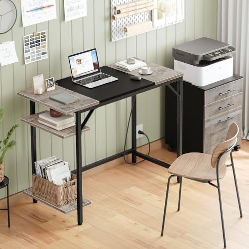 Small Computer Desk, Home Office Desk with Power Outlet, Writing Desk with 2 Shelves, Modern Small Desk for Home Office, Study, Easy to Assemble, Charcoal Gray and Black BG43UDN01