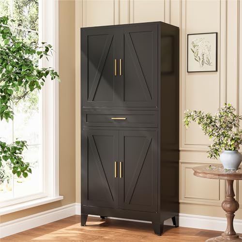 Metal Storage Cabinets with Drawer, 71" Filing Cabinet with 4 Adjustable Shelves & 4 Doors, Modern Abstract Rhombus Geometric Design File Cabinet for Home,Office,Garage,Shop,School, Black