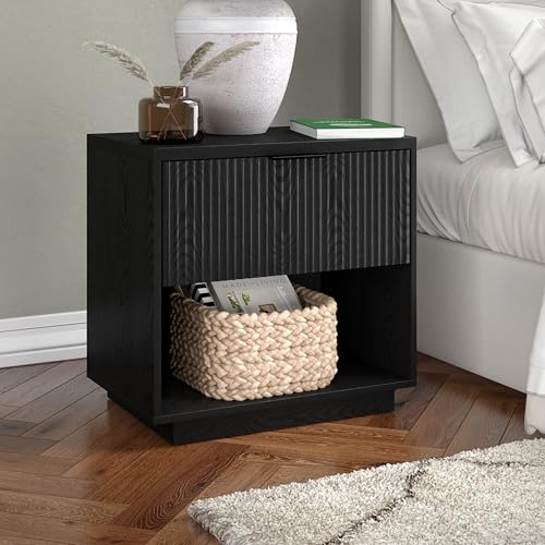24" Fluted Nightstand, Ribbed Side Table, Natural Black | Ribbed-front design with a smooth-glide drawer and open cubby storage offers clean-lined style for bedrooms or home offices