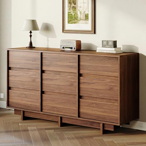 Walnut Dresser for Bedroom, 59in Modern 9 Drawer Chest of Drawers, view 8