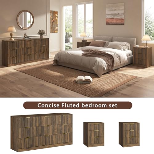 3-Piece Modern Bedroom Furniture Set, Wide 9-Drawer Dresser & 3-Drawer Nightstands Set of 2, Natural Wood Dresser and Nightstand Sets for Bedroom, Hallway, Walnut