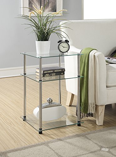 Designs2Go Classic Glass 3-Tier End Table 23.75" - Modern Stainless Steel Display with Storage Shelves for Living & Family Room, Bedroom, Bathroom, Office, Glass/Chrome