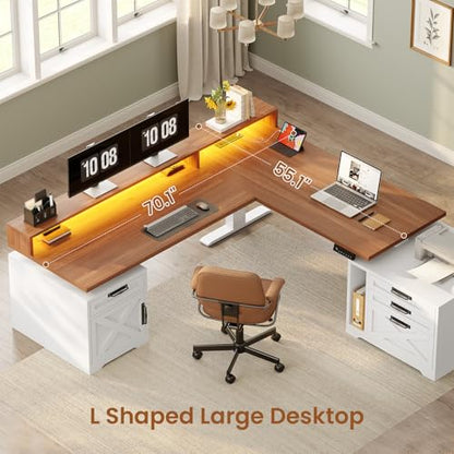 Farmhouse L Shaped Standing Desk, 70.1" x 73.2" Height Adjustable Home Office Executive Desk with Drawers, Power Outlet, Monitor Stand, Sit Stand Table with Led Lights for Home Office, White