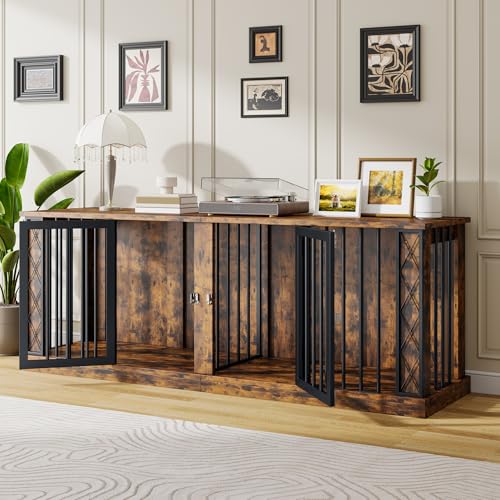 86.6" Double Dog Crate Furniture as TV Stand, Dog Kennel Furniture for 1 or 2 Dogs, Heavy Duty Dog Cage Indoor for Small/Medium/Large Dogs, Retro