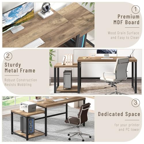 63 Inch Large Computer Desk with Printer Space & PC Tower Stand, view 6