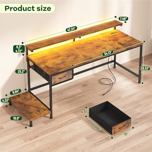 47.2 Inch Office Desk with Power Outlet & Ergonomic Monitor Stand,Gaming Desk with CPU Stand& LED Lights,Computer Desk with Drawer for Home Work,Study Redroom and Gaming,Small Spaces,Rustic Brown
