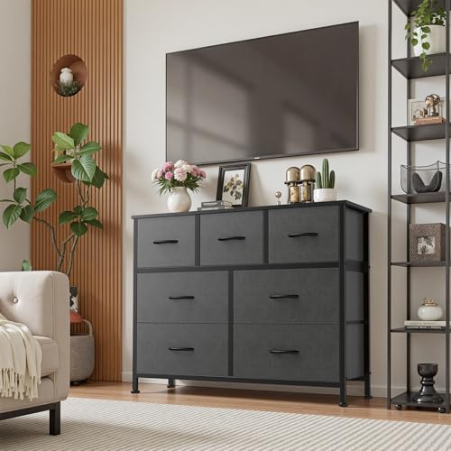 7 Drawer Dresser for Bedroom Storage with Fabric Bins, Gray, view 3