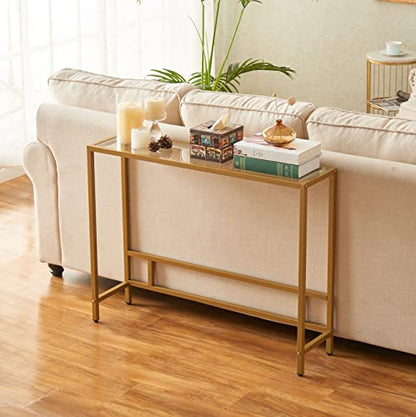 Small Modern Console Table for Entryway, Tempered Glass with Metal Frame Sofa Table for Living Room, Hallway, Office (Single-Layer, Gold)