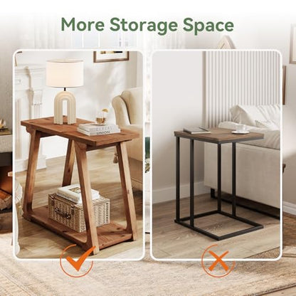 Solid Wood End Table for Living Room, 2-Tier Narrow Rustic Side Table, Rectangle Farmhouse Nightstand for Bedroom, Easy Assembly, Trapezoidal Base (1, Natural Brown)