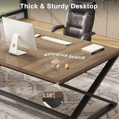 Wood Large Computer Desk, 70.8” Long Home Office Desk for Two Person, Farmhouse Work Study Writing Table in Bedroom, Simple Wide Metal Executive Double PC Gaming Workstation, Rustic Oak