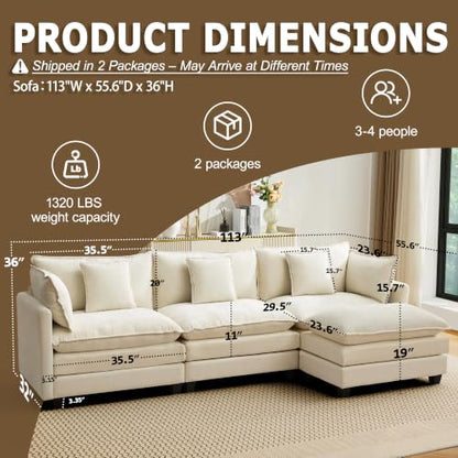 113” Modular Sectional Sofa, L Shaped Cloud Couch with Movable Ottoman, Comfy Chenille Deep Seat Sofa with Throw Pillows, 4 Seat Modern Couches for Living Room Bedroom Apartment, Beige