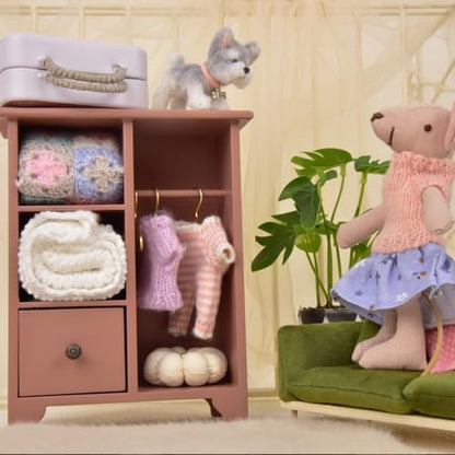 Funy Mini House 1/12 Scale Wood Dollhouse Furniture Wardrobe - Miniature Bedroom Furniture Closet with 3 Hangers Sliding Drawer for BJD/OB11 Birthday Holiday for 3+ Year Old (Pink)