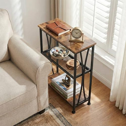 Narrow Side Table,3-Tier End Table With Storage Shelves,Small Hallway Table, Industrial Accent Table With Metal Frame Slim Nightstand Sofa Side Table for Small Spaces,Living Room, Bedroom,Rustic Brown