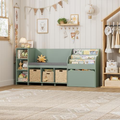 67"W Kids Reading Nook with Bookshelf, Toy Storage Organizer, Green | Cushioned Bench & Large Movable Toy Storage Box on Wheels, 6 Open Cubbies for Ease Fetch, Kid Bookcase for Playroom, Kid Room