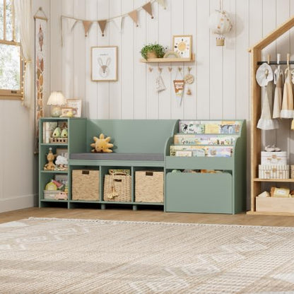 67"W Kids Reading Nook with Bookshelf, Toy Storage Organizer, Green | Cushioned Bench & Large Movable Toy Storage Box on Wheels, 6 Open Cubbies for Ease Fetch, Kid Bookcase for Playroom, Kid Room