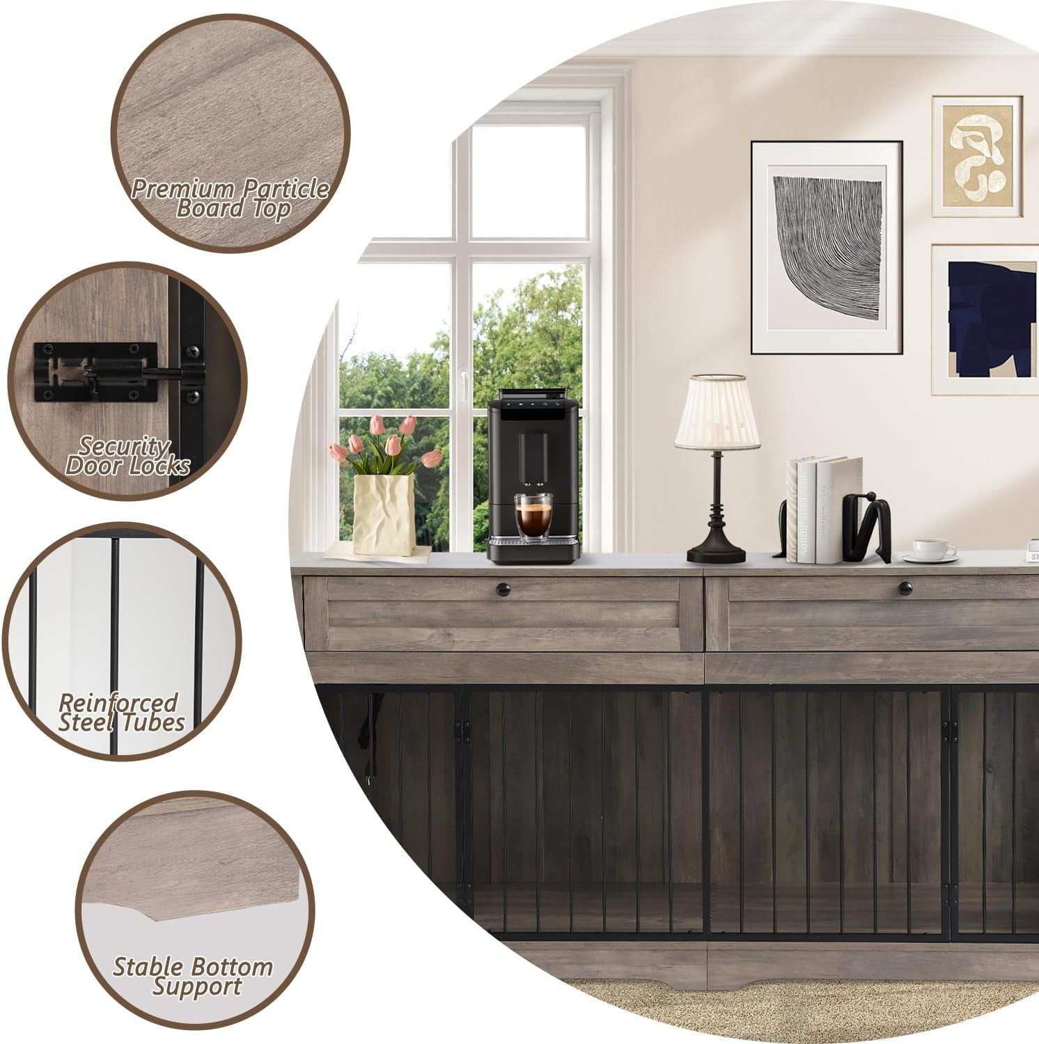 Large Dog Crate Furniture-Decorative Heavy Duty Dog Cage Indoor, Wooden Dog Cage End Table with Charging Station, Dog House with 2 Drawers (White, 70.86''L)