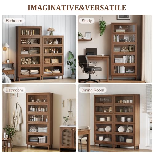 5-Tier Solid Wood Bookcase with Glass Doors, mid-Century Tall Bookshelf, view 5