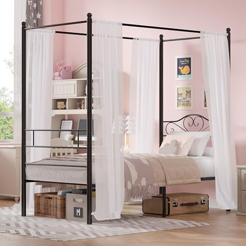 Twin Canopy Bed Frame, Heart-Shaped Headboard, Black, view 2