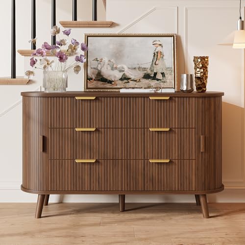 Fluted 6 Drawer Dresser, 55" Mid Century Modern Chest of Drawers, view 5