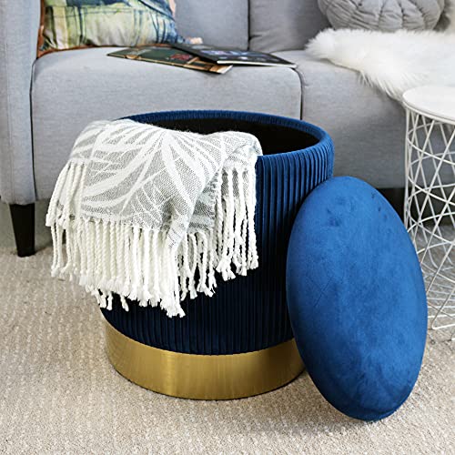 Blue Round Ottoman with Storage Set of 2 Upholstered Velvet Vanity Stool for Living Room Small Ottoman Coffee Table with Removable Lid Foot Stool for Living Room, Bedroom, Hallway, Assembly Free