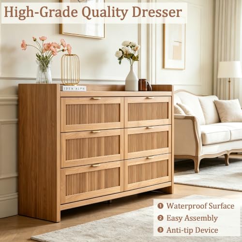 55" Farmhouse Fluted 6 Drawers Dresser for Bedroom, view 4