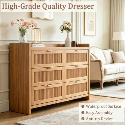 55" Farmhouse Fluted 6 Drawers Dresser for Bedroom, view 4